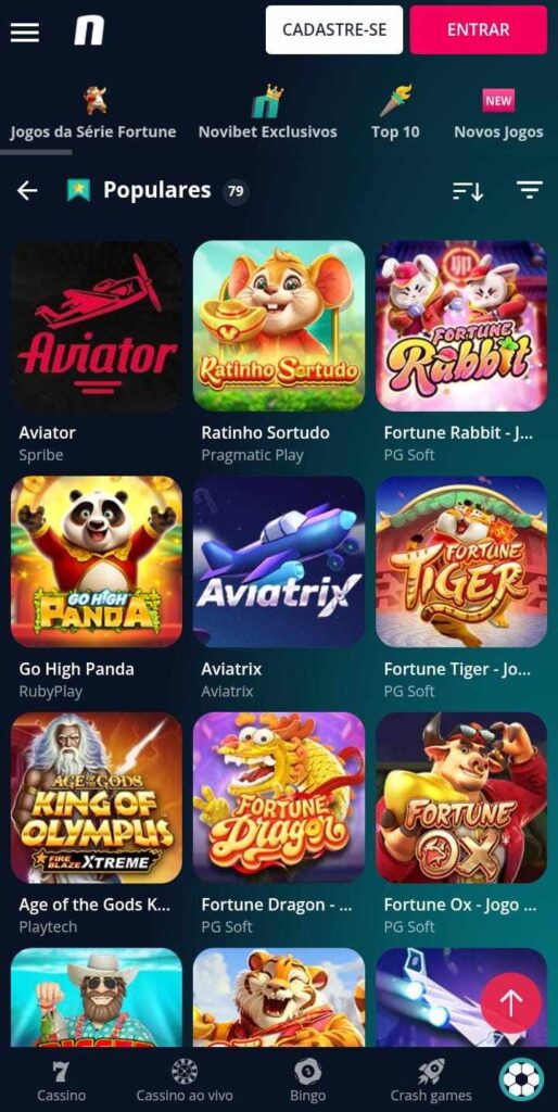 Página dos jogos populares do cassino da Novibet