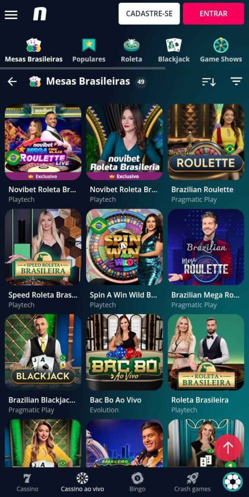 Página das mesas brasileiras do cassino ao vivo da Novibet
