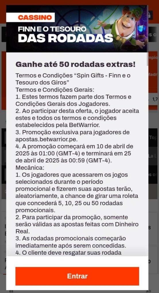 Promoção de rodadas grátis da Betwarrior