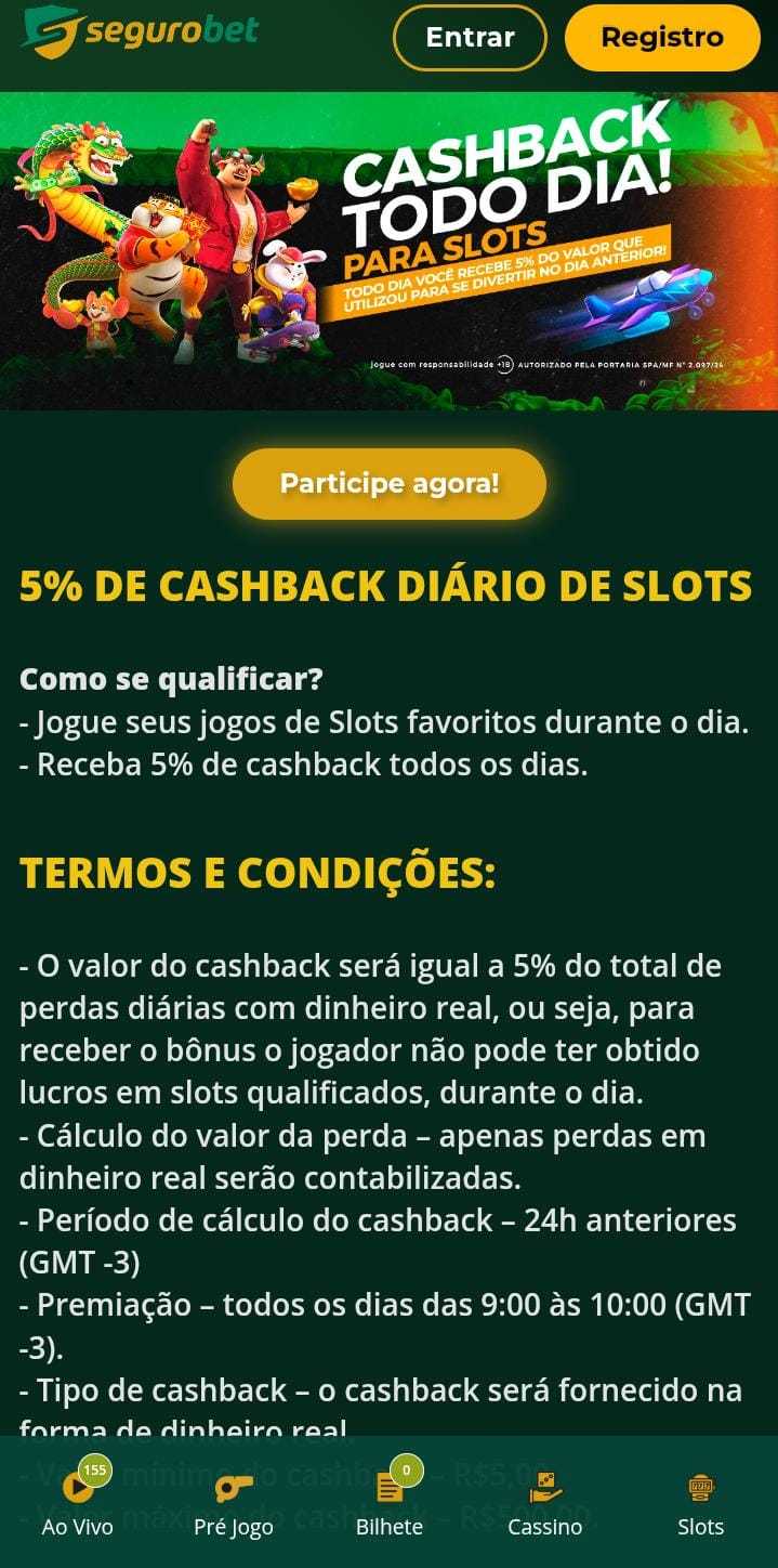 Página da oferta de cashback de slots da Segurobet