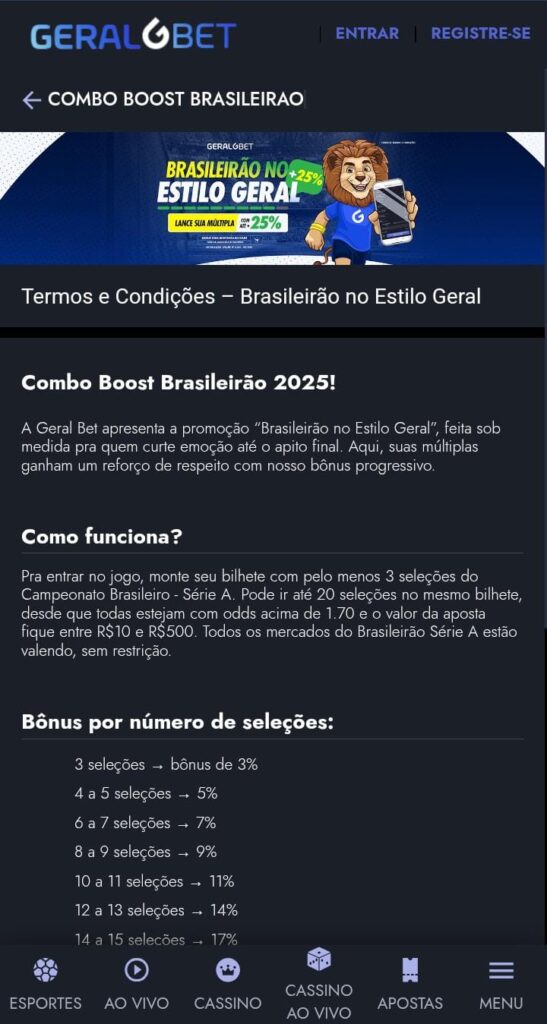 Página do combo boost Brasileirão de Geralbet