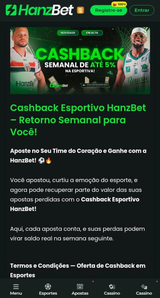 Banner da oferta de cashback da Hanzbet