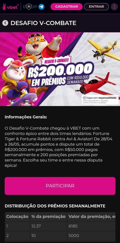 Página da promoção Desafio VCombate da VBet