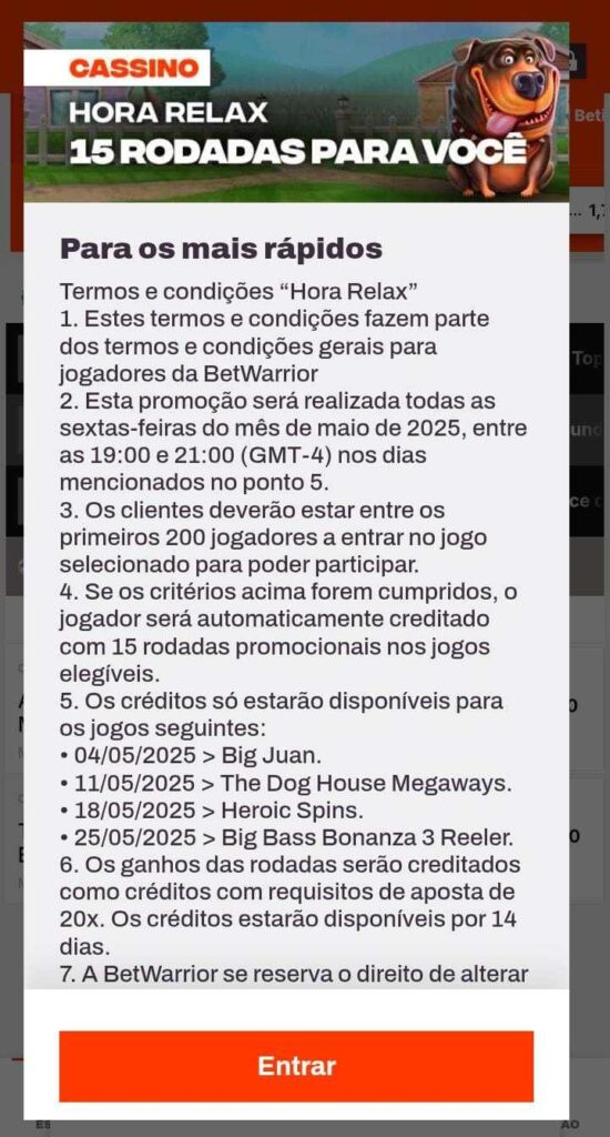 Página da promoção Hora Relax da Betwarrior