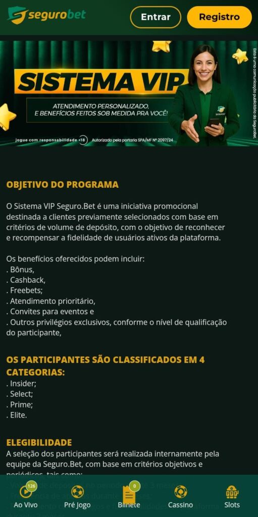 Página do Sistema VIP da Segurobet
