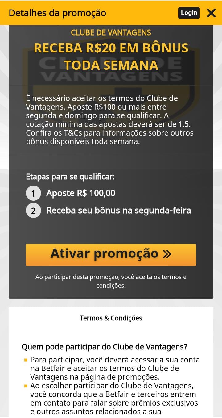 Página do Clube de Fidelidade da Betfair