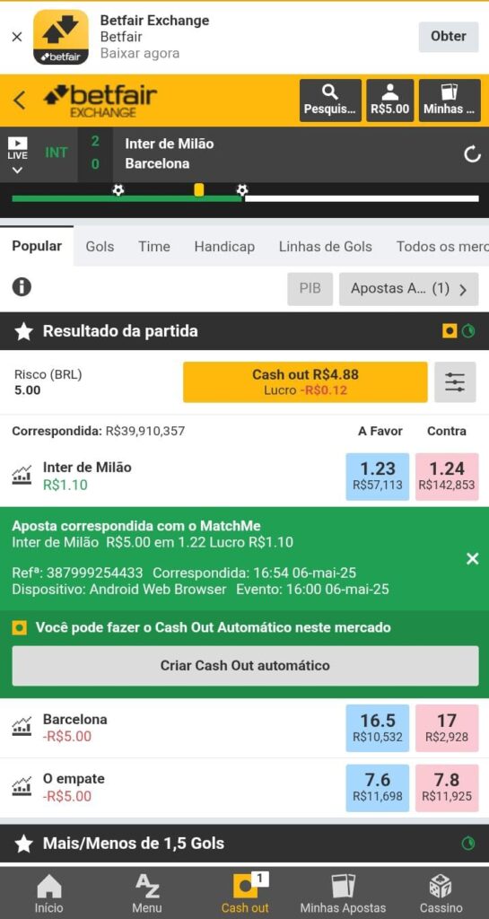 Aposta confirmada em um evento a Betfair exchange