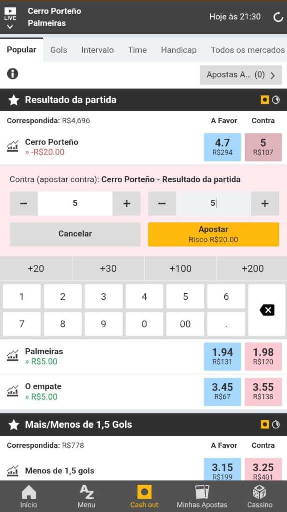 Aposta lay em um evento a Betfair exchange