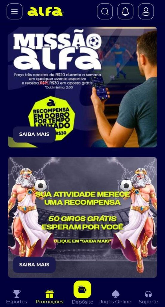 Página das ofertas de esportes da Alfabet