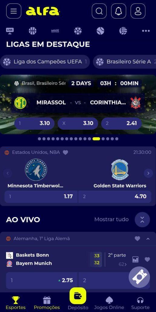 Página inicial de esportes da Alfabet
