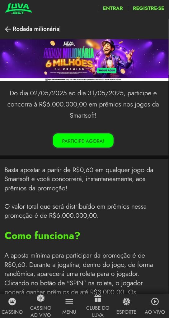 Página da oferta Rodada Milionária da Luva.bet