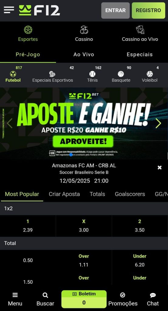 Página inicial da área de esportes da F12.Bet