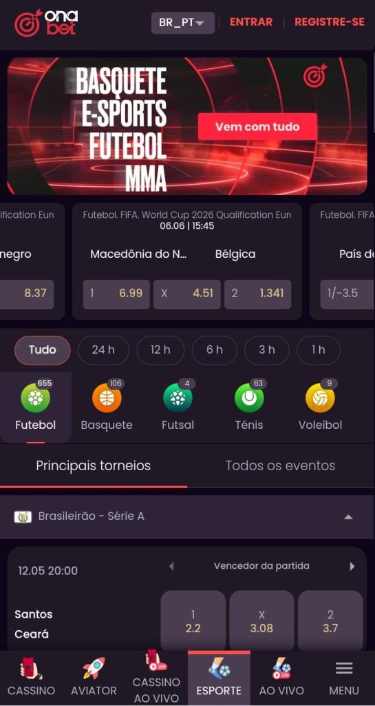Página inicial da área de esportes da Onabet