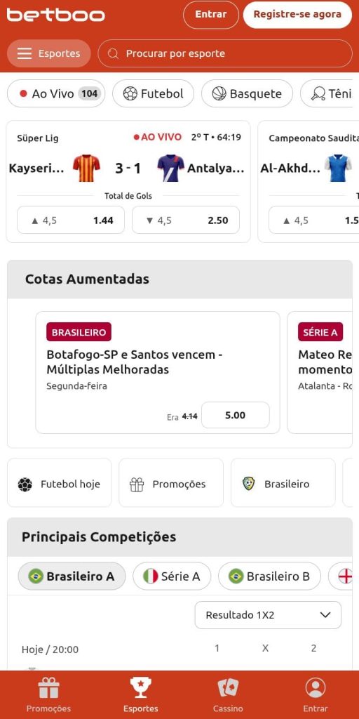 Página inicial da área de esportes da Betboo