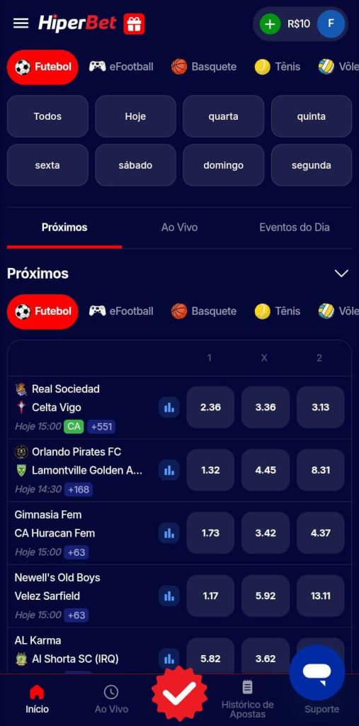 Página de apostas em futebol da HiperBet