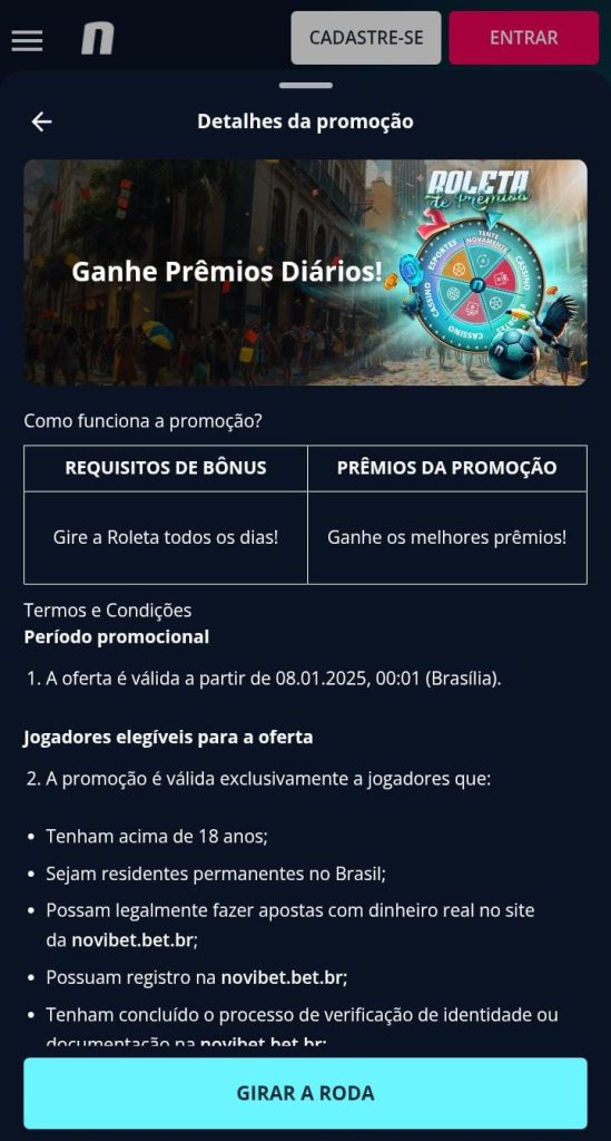 Página da oferta Roleta Premiada da Novibet