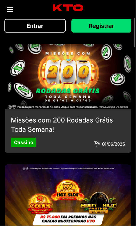 Tela inicial da KTO