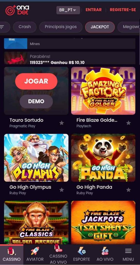 Página de jackpots da Onabet