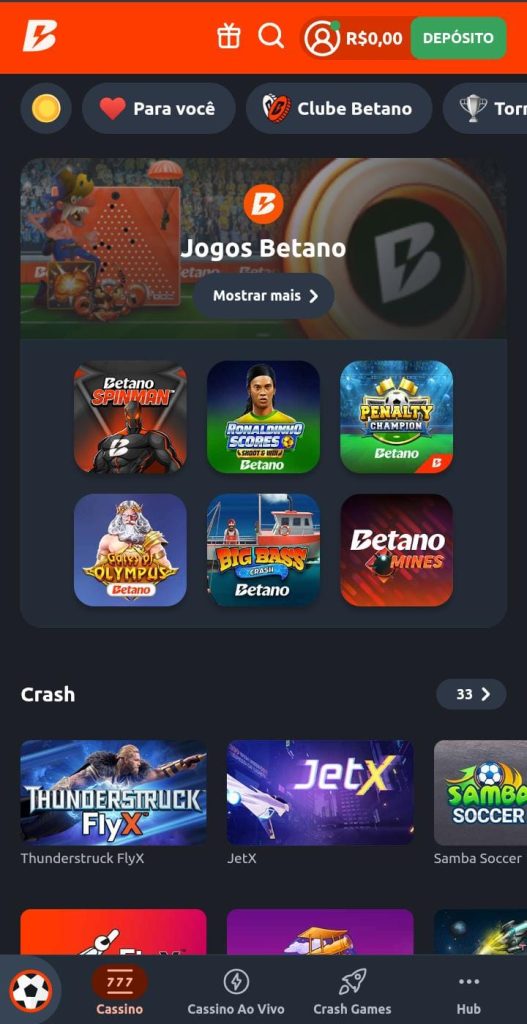 Página dos jogos de cassino da Betano