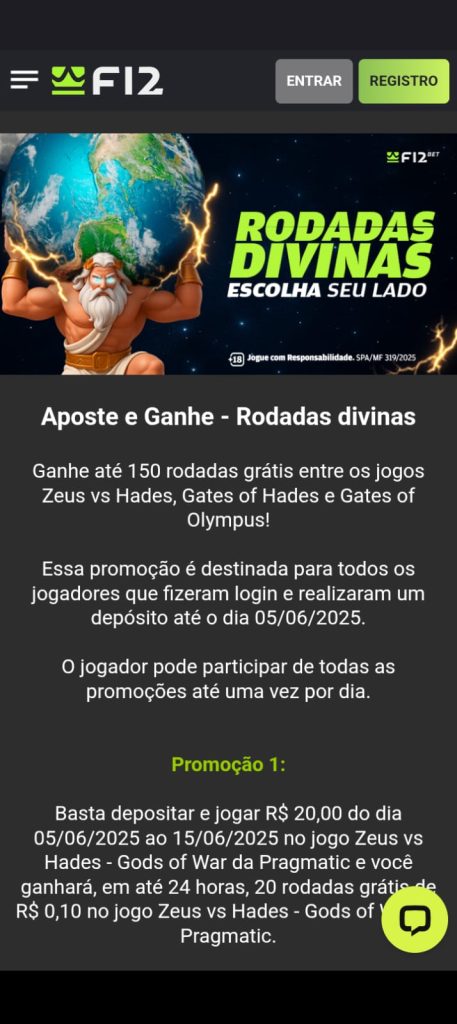 Página de promoção da F12.Bet