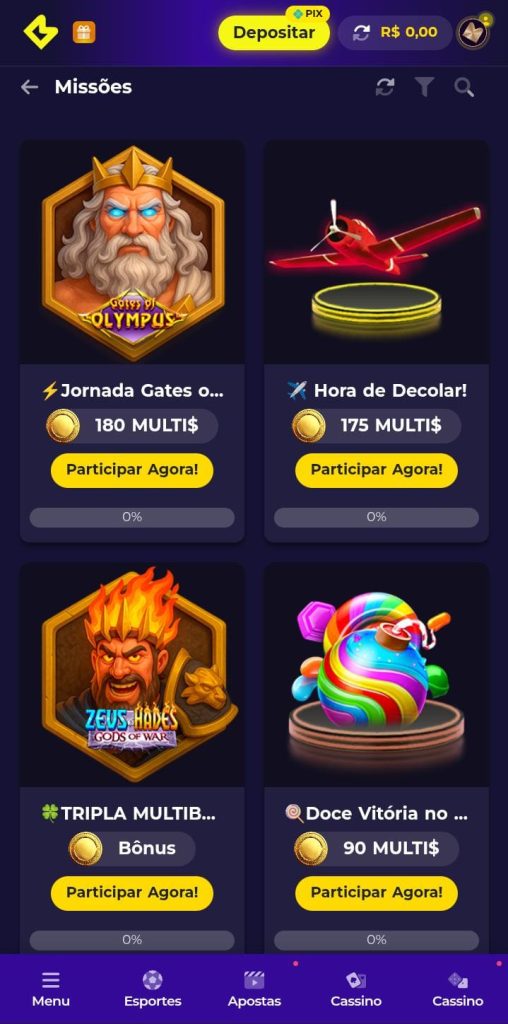 Página das Missões da Multibet