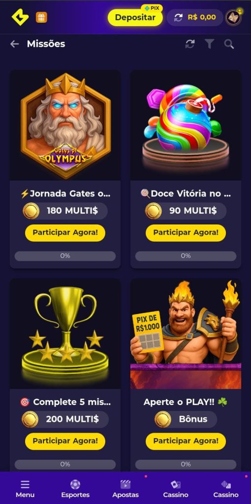 Página das Missões VIP da Multibet 