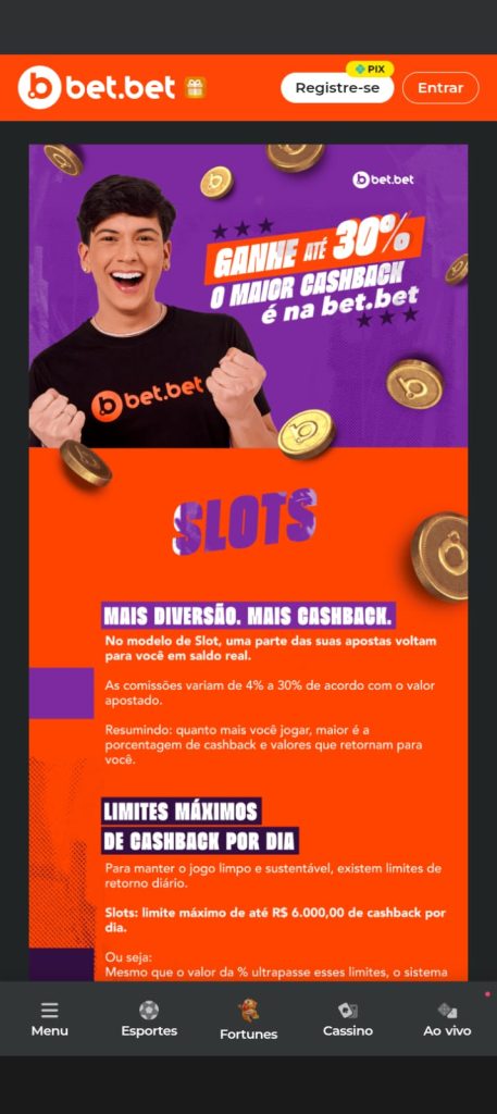 Página de cashback da Bet.bet