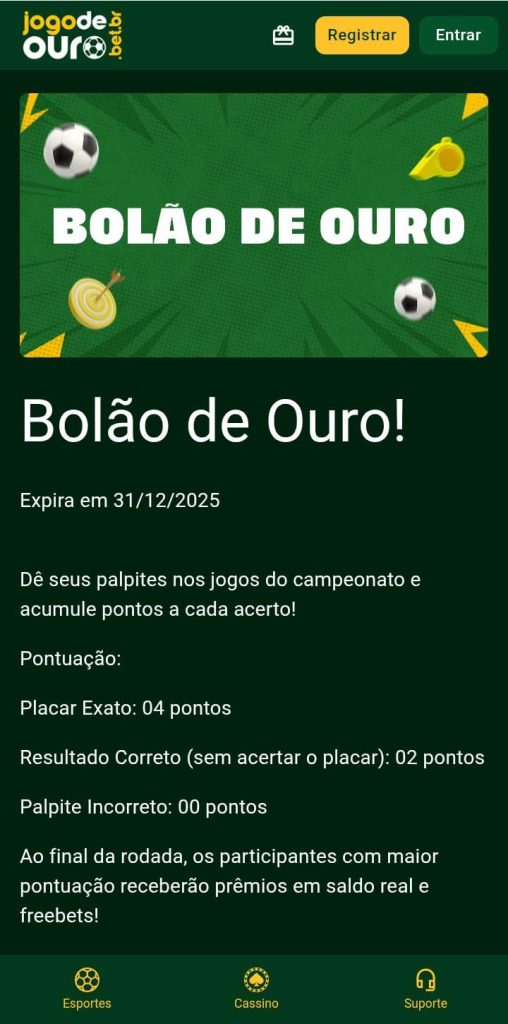 Página do Bolão de Ouro da Jogo de Ouro