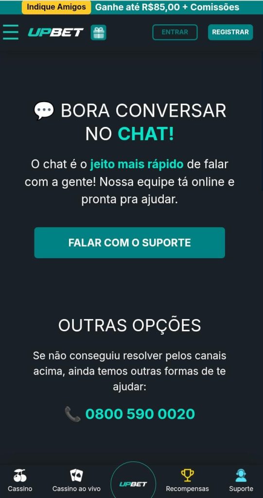 Página de suporte da Upbet