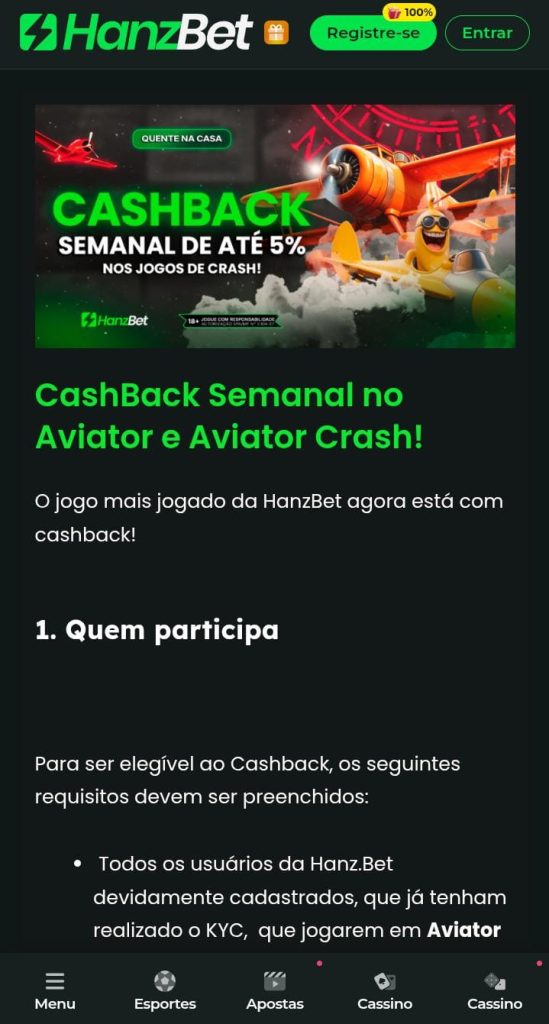 Página do cashback de jogos crash da Hanzbet