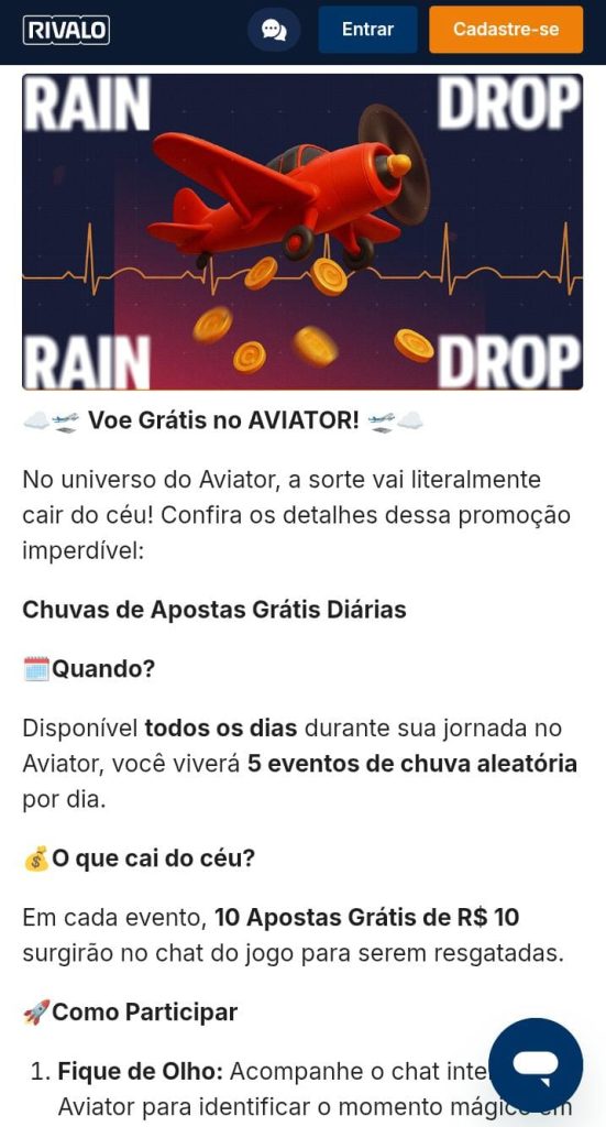 Página da promoção Chuva de Aviator da Rivalo