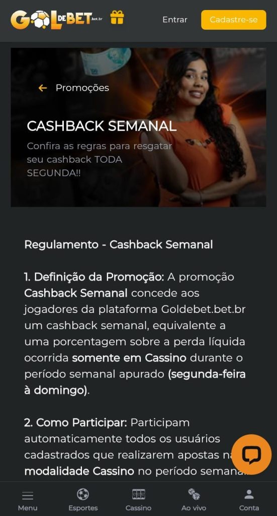 Página do cashback da Gol de Bet