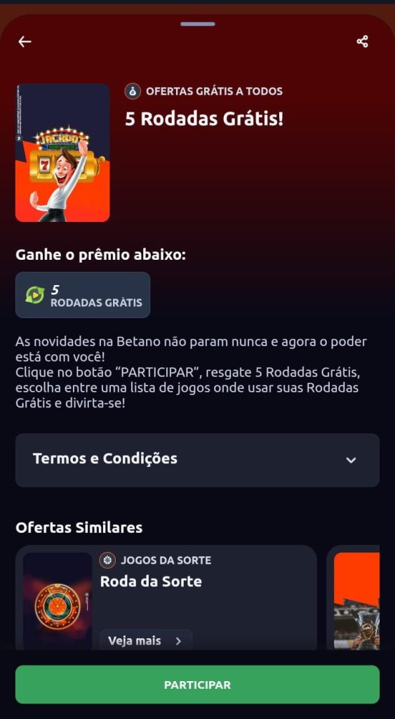 Print da oferta de rodadas grátis na Betano