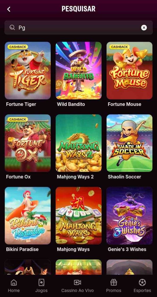 Página dos jogo da PG Soft na Superbet