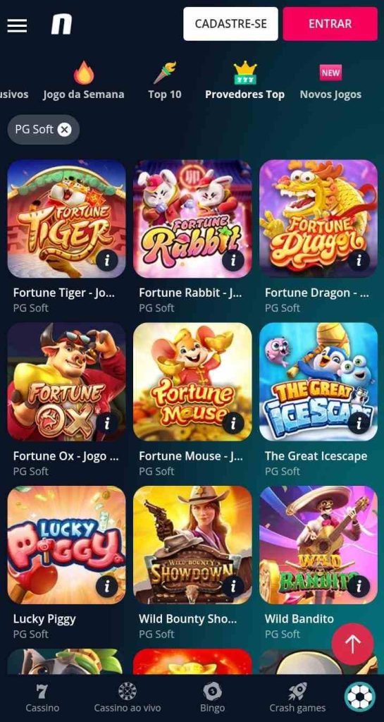 Página dos jogo da PG Soft na Novibet