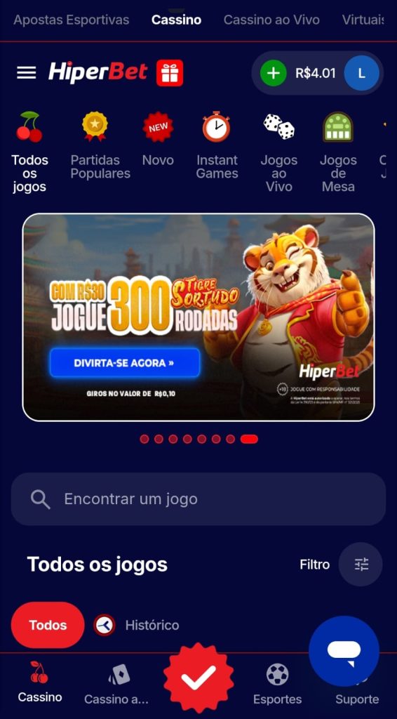 Tela inicial de esportes e cassino Hiperbet