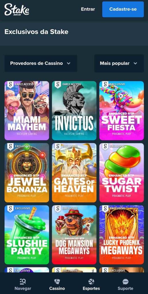Página dos jogos exclusivos da Stake