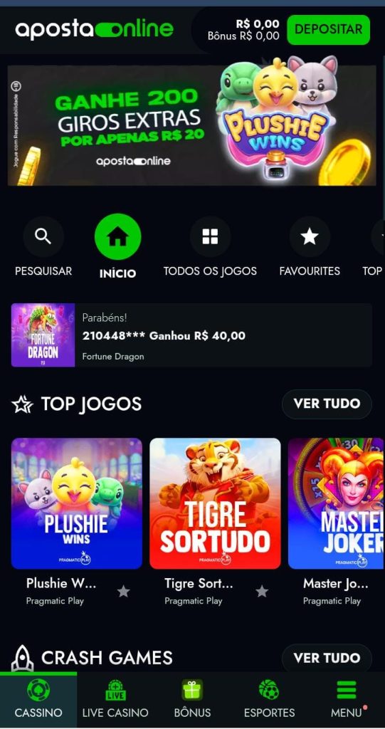 Página inicial do cassino da Aposta Online