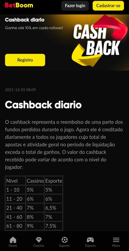 Página do cashback da Betboom