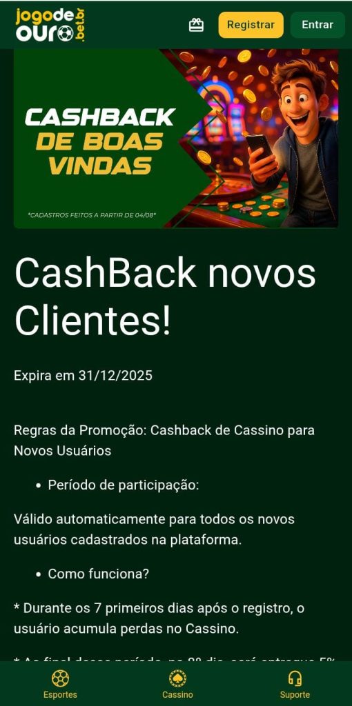Página da oferta de cashback da Gol de Bet