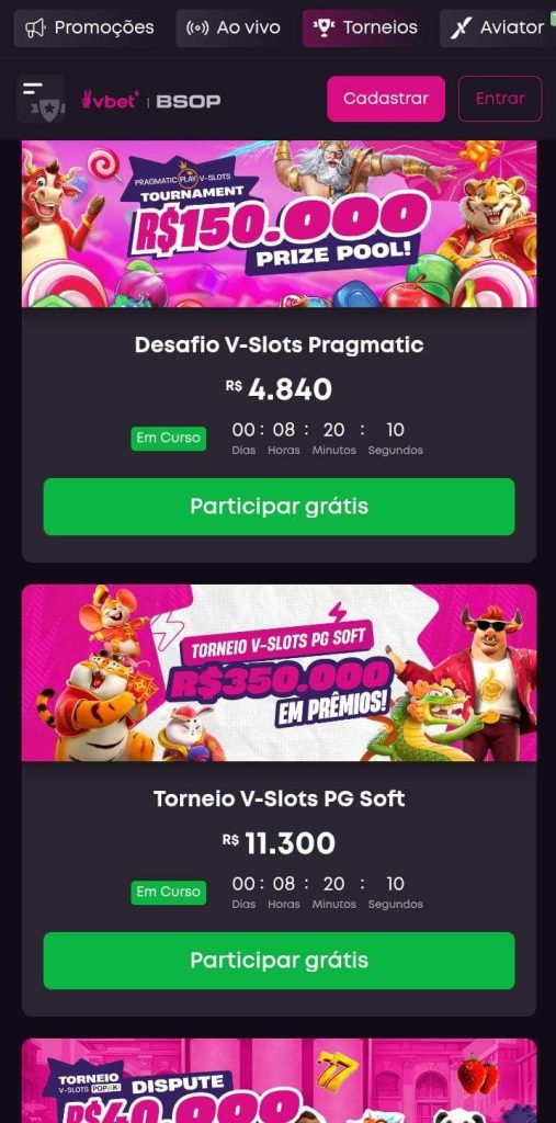 Página de torneios da Vbet
