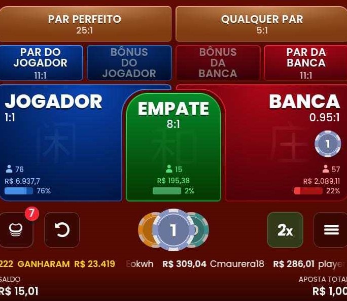 Captura de tela de diferentes tipos de apostas de bacará