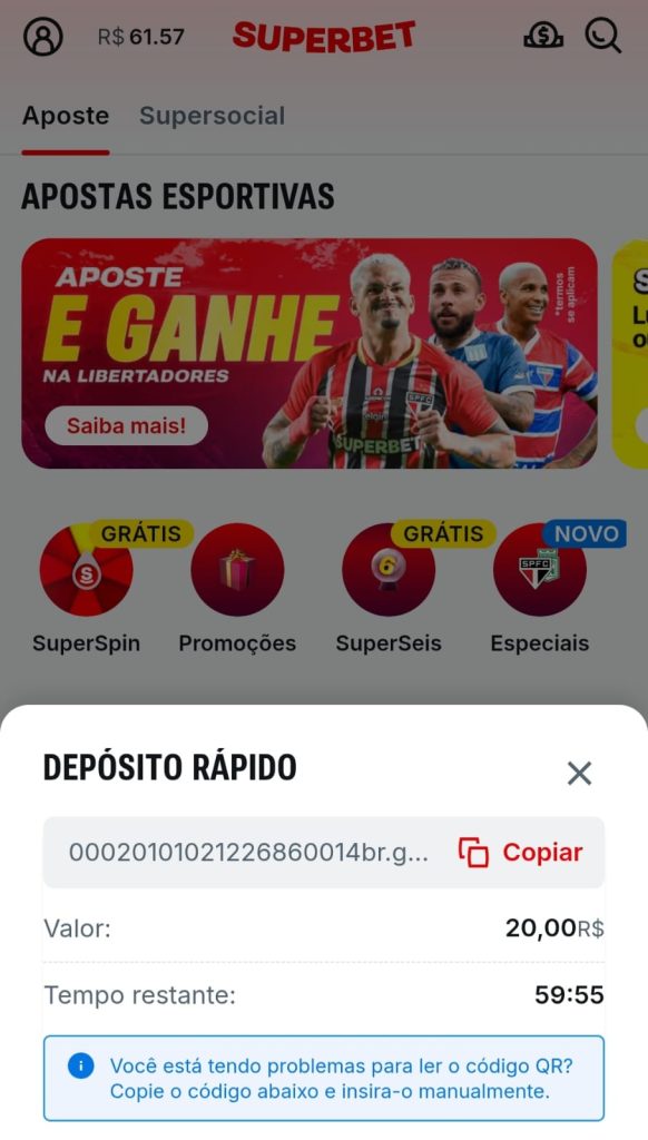 Captura de tela Superbet código Pix