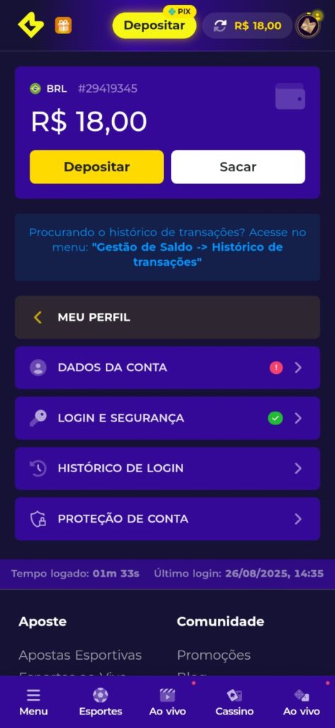 Captura de tela perfil da conta Multibet