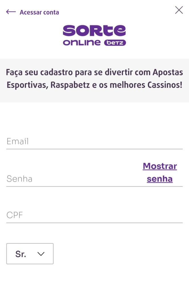 Sorte Online – Passo 2 do cadastro