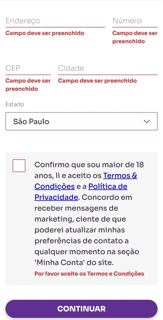 Sorte Online – Passo 4 cadastro