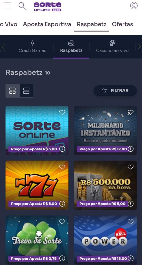 Página de jogos de raspadinha da Sorte Online