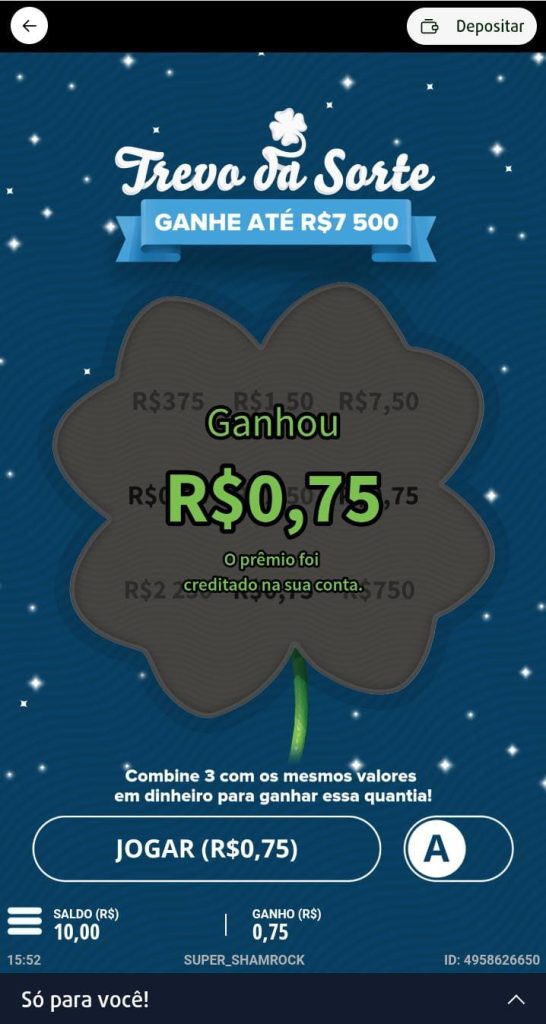 Captura de tela de um prêmio da raspadinha Trevo da Sorte