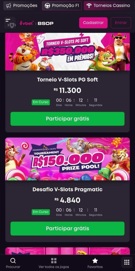 Página das ofertas de torneios da Vbet