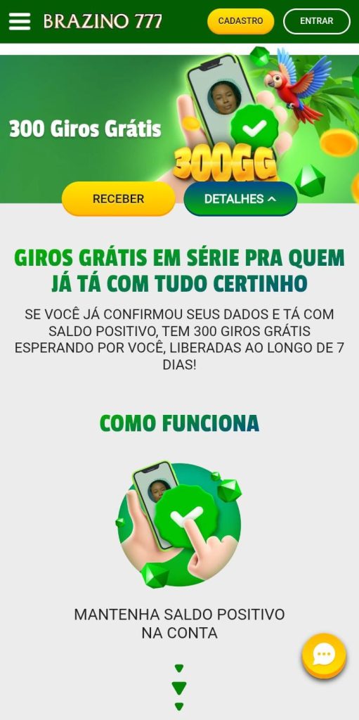 Página da oferta de giros grátis da Brazino777